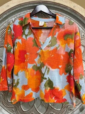 Joie Linen Floral Collared V-Neck 3/4 Sleeve Pullover in Orange, Blue & Green